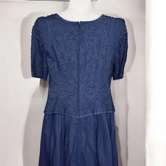 Vintage Sarah Elizabeth Long Blue Dress Beaded Special Occasion Cottage Size 10 - Picture 9 of 11